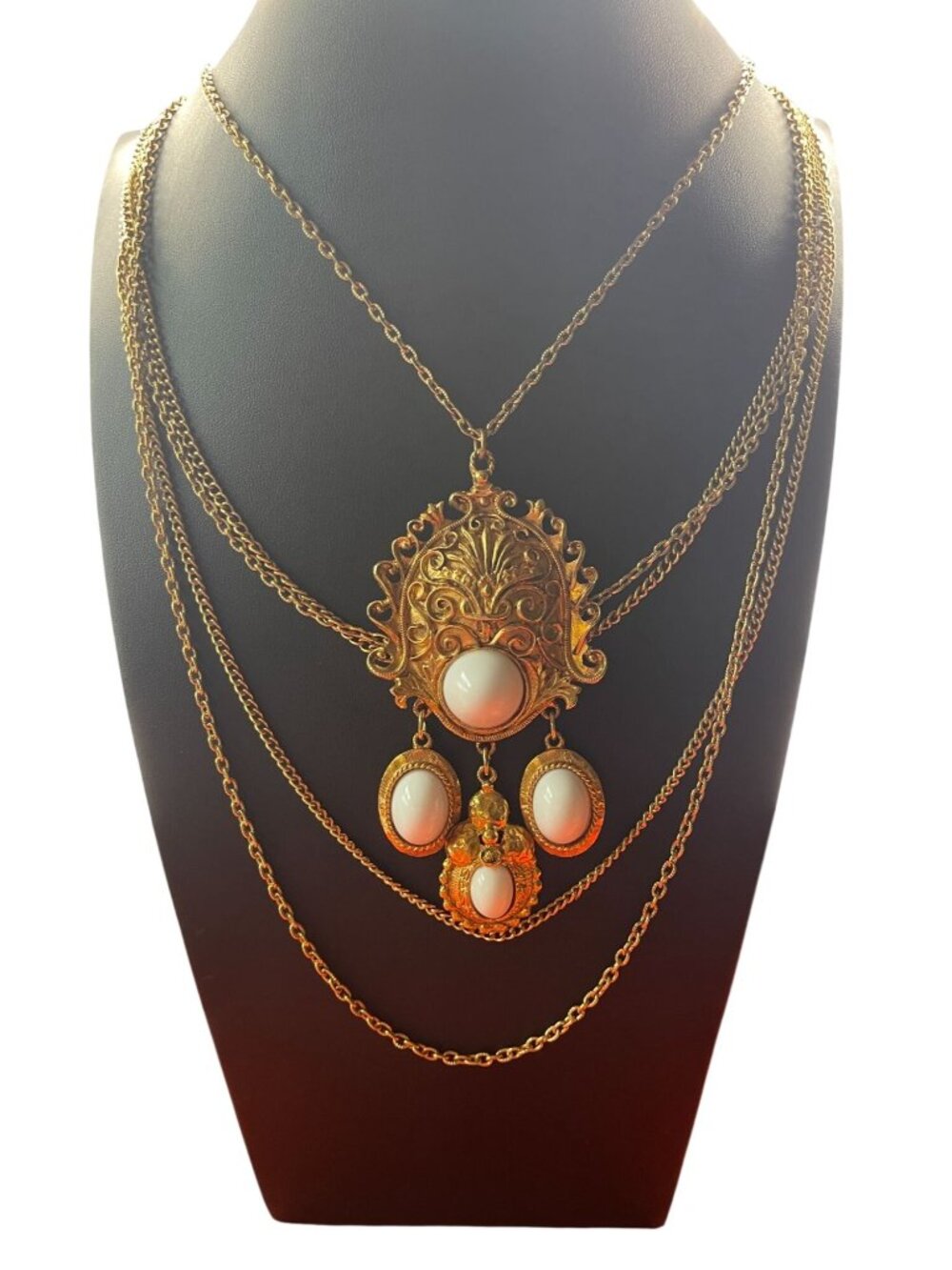 Vtg Multi-Strand Gold Necklace With Ornate Pendant & White Cabochons Statement J